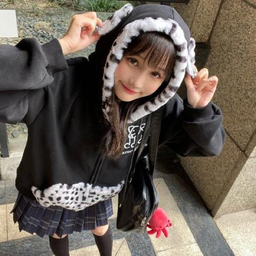 Kawaii Puppy Zip Up Hoodie Women Dog Ears Sweatshirt Japan Style Oversized Soft Girl Winter Alt Clothes