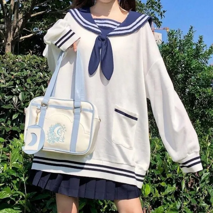 Bunny Hoodie Women Kawaii Sailor Collar Sweatshirt With Lush Sleeves Korean Casual E Girl Bow Tracksuit Cute Tops