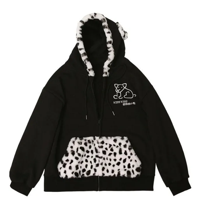 Kawaii Puppy Zip Up Hoodie Women Dog Ears Sweatshirt Japan Style Oversized Soft Girl Winter Alt Clothes