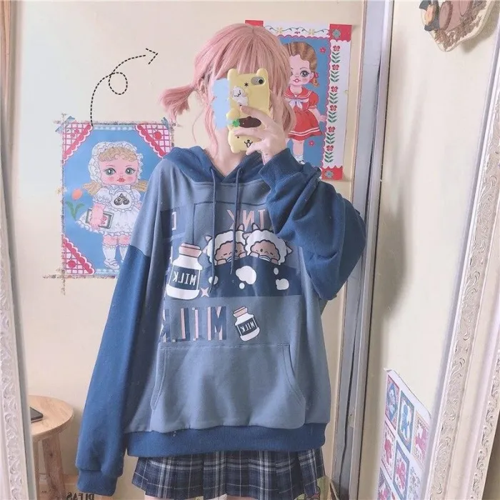 Korean Kawaii Sweatshirt Women Anime Print Hoodie Cartoon Long Sleeve Pullover Winter Patchwork E Girl Blue Top