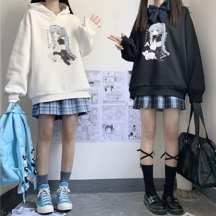 Anime Women Winter Sweatshirt Long Sleeve Plus Velvet Pullover Black Casual Loose Hoodie