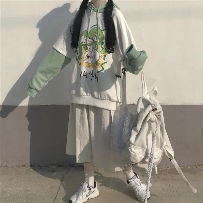 Japan Style Anime Print Hoodie Women Kawaii Sweatshirt Patchwork Oversized Long Sleeve Cute Tops E Girl Casual Clothes