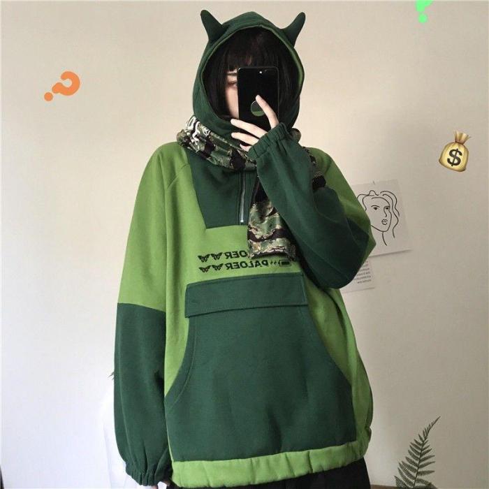 Anime Hoodie Women Kawaii Sweatshirt Korean Funny Patchwork Print Pullover Long Sleeve Cute Alt Clothes