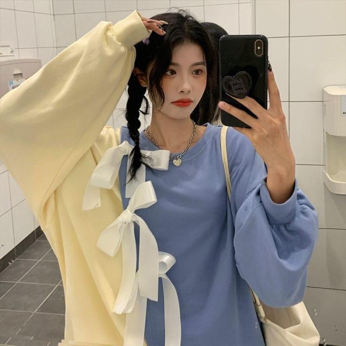 Cotton Patchwork Hoodie With Bow Kawaii Long Sleeve Crewneck Sweatshirt Korean Style Fall Soft Girl Cute Tops Kpop