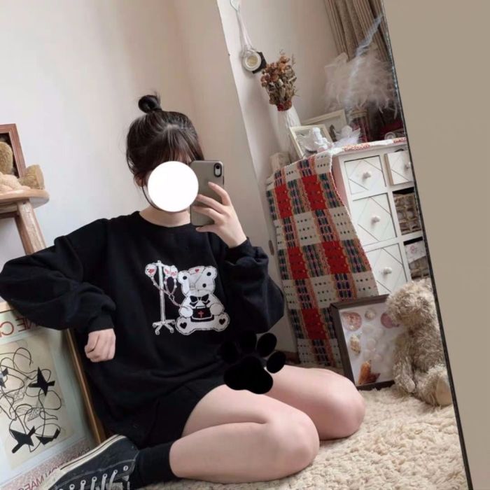 Kawaii Bear Print Hoodie For Girls Anime Sweatshirt Black Gothic Alt Clothes Korean Style Long Sleeve Tops