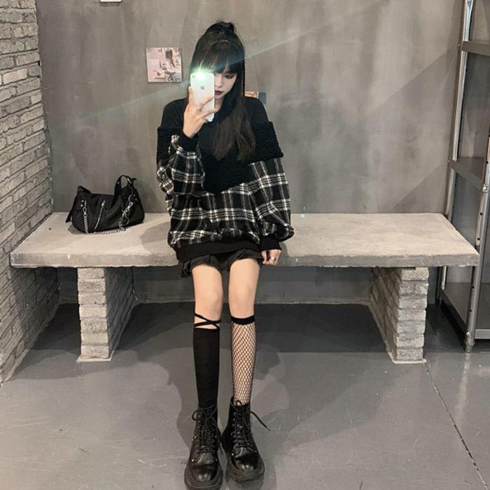 Gothic Hoodie Women Fleece Plaid Patchwork Sweatshirt Oversized Streetwear Korean Punk Grunge Pullover Alt Clothes
