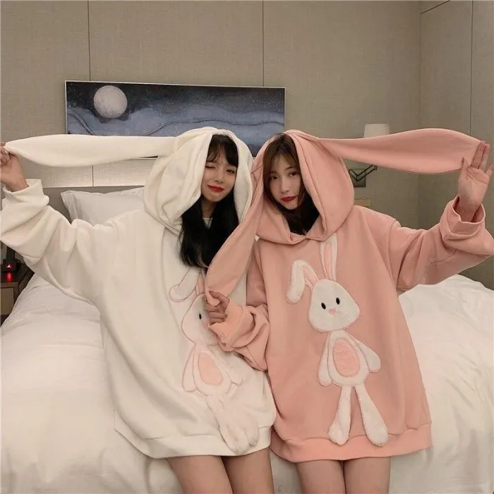 Bunny Hoodie Women Kawaii Pink Korean Rabbit Sweatshirt Embroidery Pullover Loose Long Sleeve Plus Size Cute Tops