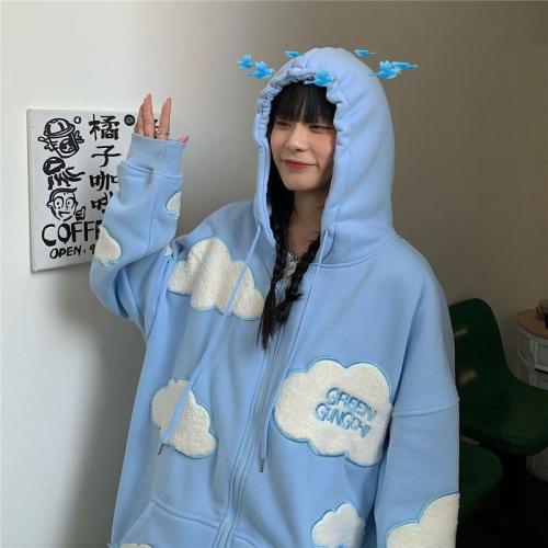 Kawaii Clouds Zip Up Hoodie Women Embroidery Cute Zipper Sweatshirt Winter Korean Thick Top School Clothes