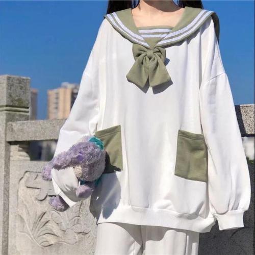 Bunny Hoodie Women Kawaii Sailor Collar Sweatshirt With Lush Sleeves Korean Casual E Girl Bow Tracksuit Cute Tops