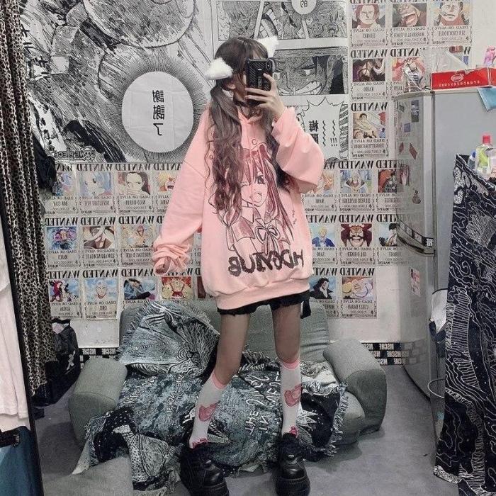 Anime Print Hoodie For Teens Kawaii Sweatshirt Comics Japan Style Gothic Long Sleeve Pullover E Girls Oversize Harajuku
