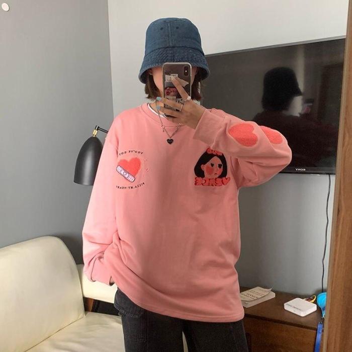 Kawaii Crewneck Sweatshirt Heart Print Hoodies E Girl Korean Style Yellow Top Pink Long Sleeve Pullover
