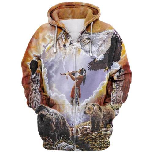 Indian National Elements Series 7 Animal Bear Eagle Wolf Unisex 3D Printed Hoodie Pullover Jacket With Zipper