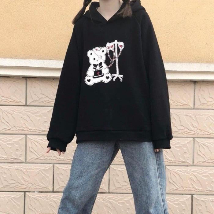 Kawaii Bear Print Hoodie For Girls Anime Sweatshirt Black Gothic Alt Clothes Korean Style Long Sleeve Tops