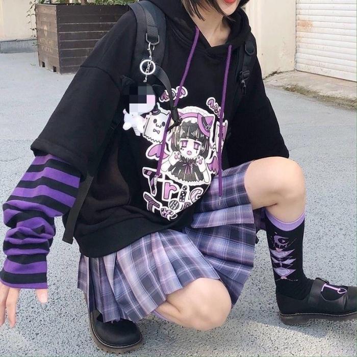 Kawaii Gamer Girl Black Hoodies Harajuku Anime Sweatshirt Women High Street Kpop Oversized Cute Pullovers