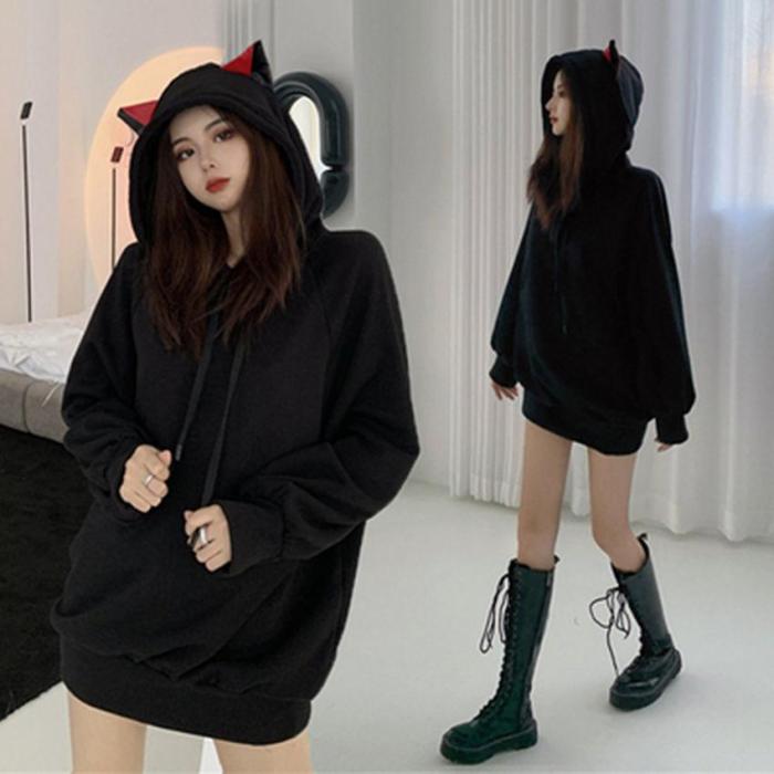 Gothic Bunny Ears Hoodies Women Emo Sweatshirt Long Sleeve Tops Korean Oversized Streetwearloose Pullover