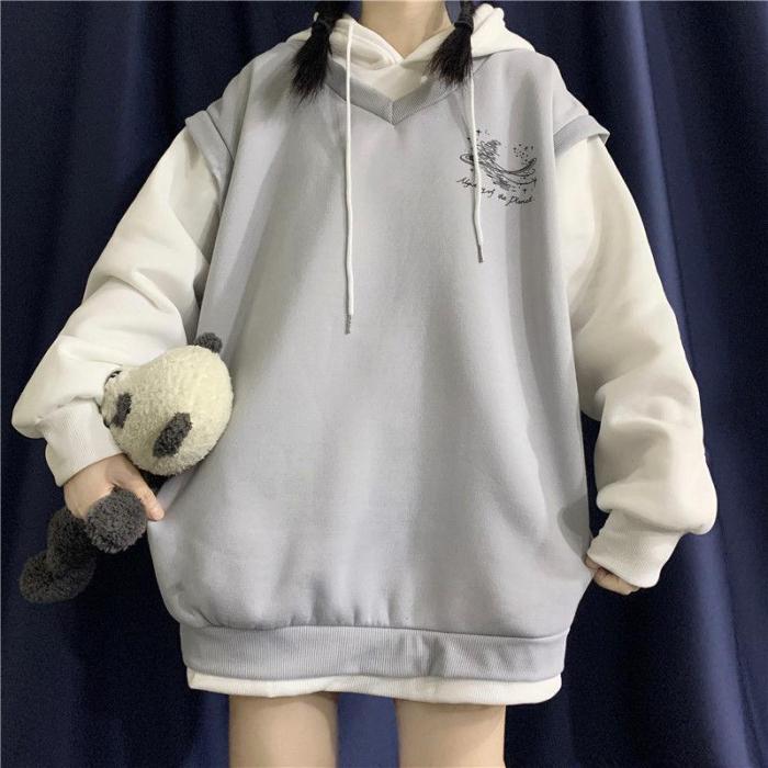 Autumn Winter Kawaii Hoodie Women Patchwork Uniform Sweatshirt Korean Style Long Sleeve School Clothes