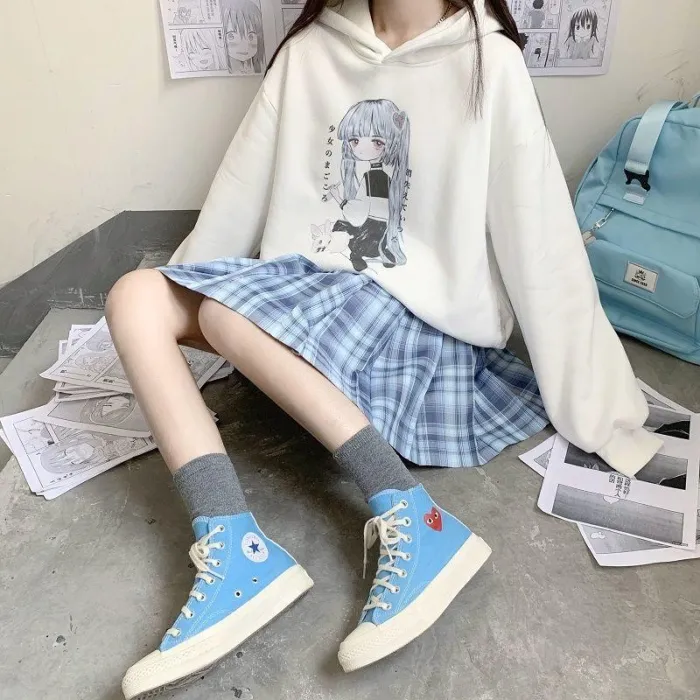 Anime Women Winter Sweatshirt Long Sleeve Plus Velvet Pullover Black Casual Loose Hoodie