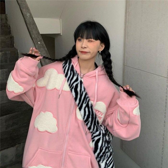 Kawaii Clouds Zip Up Hoodie Women Embroidery Cute Zipper Sweatshirt Winter Korean Thick Top School Clothes