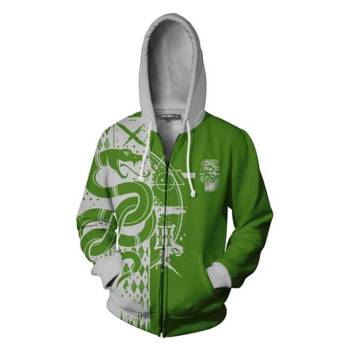 Harry Potter Movie Hogwarts School Salazar Slytherin Snake Green Adult Cosplay Unisex 3D Printed Hoodie Pullover Sweatshirt Jacket With Zipper