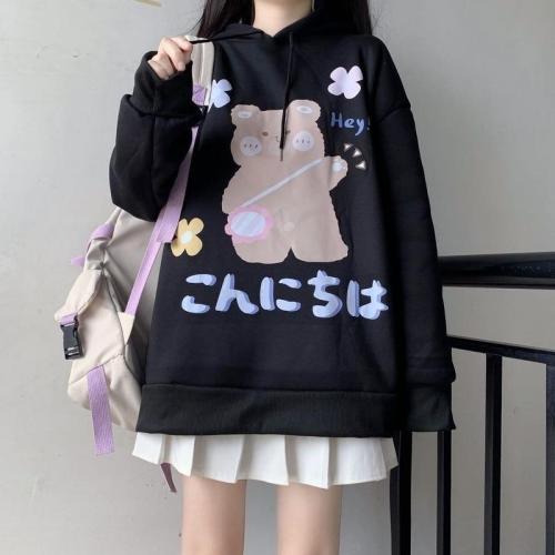 Kawaii Hoodies Women Autumn Winter Sweatshirt Cute Long Sleeve Pullover Casual Plus Velvet Hoodies