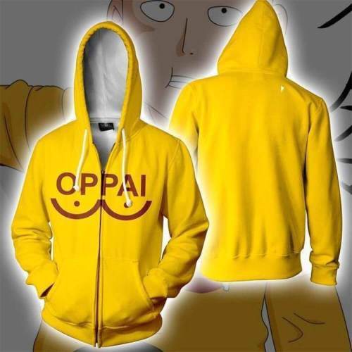 One Punch Man Anime Saitama Oppai Bald Cape Yellow Unisex Adult Cosplay Zip Up 3D Print Hoodie Jacket Sweatshirt
