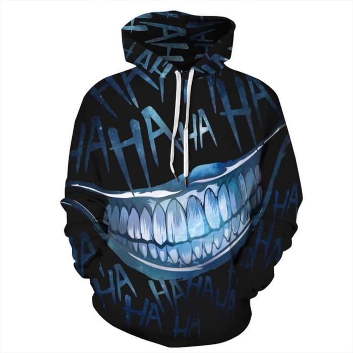 Joker Movie Arthur Clown Big Mouth Laugh Ha Ha Sea Blue Unisex Adult Cosplay 3D Printed Hoodie Pullover Sweatshirt