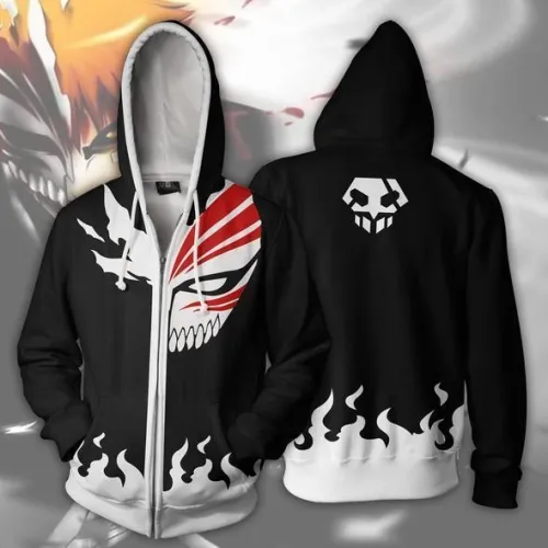 Bleach Anime Kurosaki Ichigo Face Makeup Mask Unisex Adult Cosplay Zip Up 3D Print Hoodie Jacket Sweatshirt