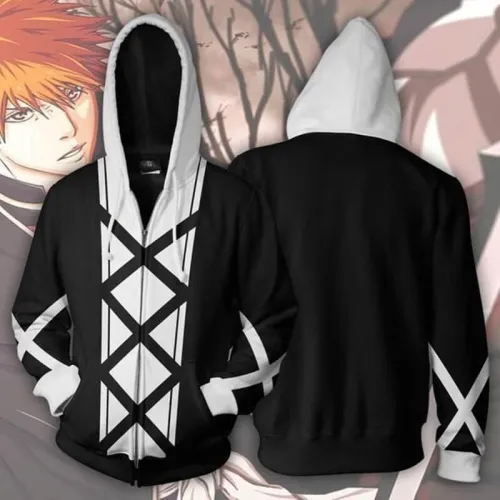 Bleach Anime Kurosaki Ichigo Strawberry Black Unisex Adult Cosplay Zip Up 3D Print Hoodie Jacket Sweatshirt