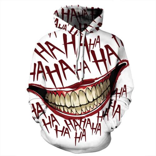 Joker Movie Arthur Clown Big Mouth Laugh Ha Ha White Unisex Adult Cosplay 3D Printed Hoodie Pullover Sweatshirt