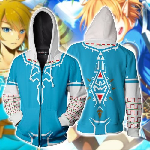 The Hyrule Fantasy The Legend Of Zelda Game Link Blue  Unisex Adult Cosplay Zip Up 3D Print Hoodie Jacket Sweatshirt