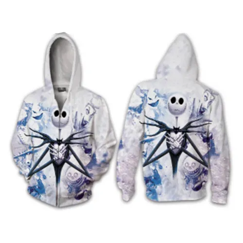 The Nightmare Before Christmas Cartoon Jack Skellington White Unisex Adult Cosplay Zip Up 3D Print Hoodies Jacket Sweatshirt