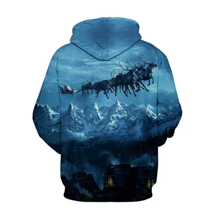 Reindeer Pulls Santa Claus Fly Over Snow Mountain Unisex Adult Cosplay 3D Print Hoodie Pullover Sweatshirt