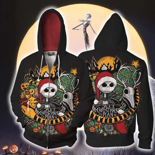 The Nightmare Before Christmas Cartoon Jack Skellington With Hat Unisex Adult Cosplay Zip Up 3D Print Hoodies Jacket Sweatshirt