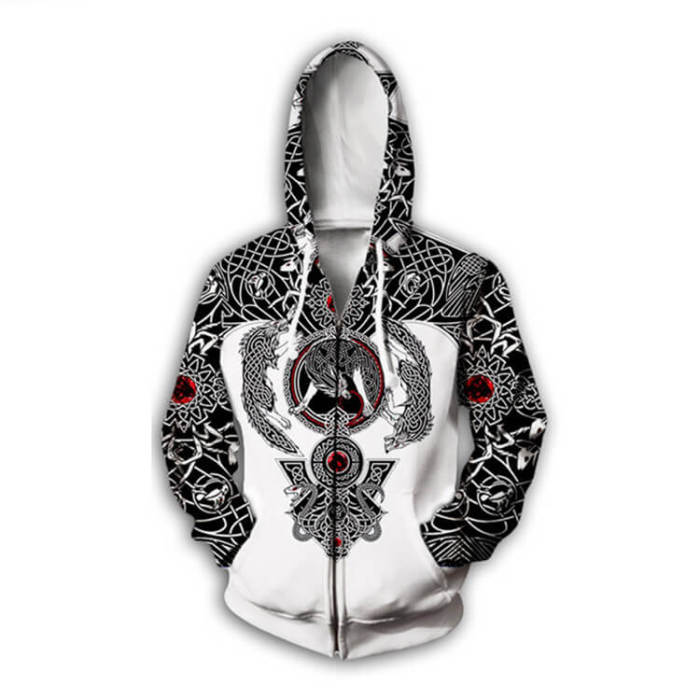 Viking Wolf Pattern Tattoo 1 Unisex Adult Cosplay Zip Up 3D Print Hoodies Jacket Sweatshirt