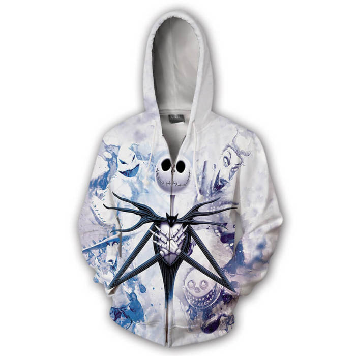 The Nightmare Before Christmas Cartoon Jack Skellington White Unisex Adult Cosplay Zip Up 3D Print Hoodies Jacket Sweatshirt