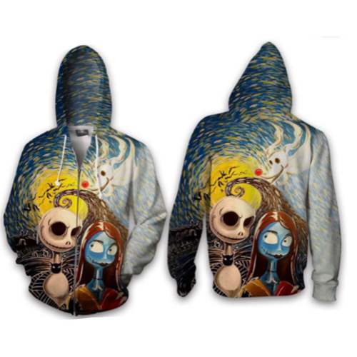 The Nightmare Before Christmas Cartoon Jack Skellington And Sally Unisex Adult Cosplay Zip Up 3D Print Hoodies Jacket Sweatshirt