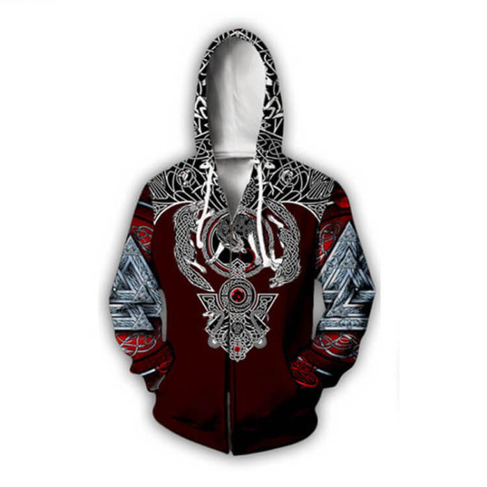 Viking Wolf Pattern Tattoo 2 Unisex Adult Cosplay Zip Up 3D Print Hoodies Jacket Sweatshirt