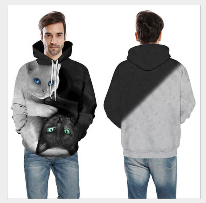 Cute Twin Grey And Black Cats Animal Unisex Adult Cosplay 3D Print Hoodie Pullover Sweatshirt