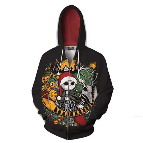 The Nightmare Before Christmas Cartoon Jack Skellington With Hat Unisex Adult Cosplay Zip Up 3D Print Hoodies Jacket Sweatshirt