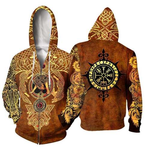 Viking Wolf Pattern Symbol Tattoo 3 Unisex Adult Cosplay Zip Up 3D Print Hoodies Jacket Sweatshirt