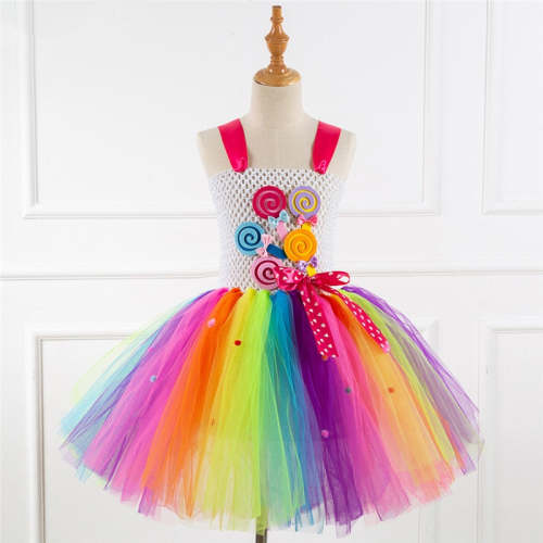 Fancy Rainbow Candy Cosplay Girls Halloween Costume For Kids Carnival Party Suit Dress Up