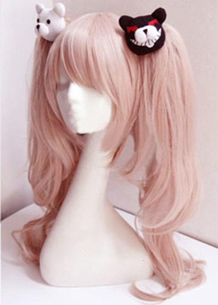 Dangan Ronpa Danganronpa Enoshima Junko Cosplay Pink Long Wavy With Ponytail Clip Heat Resistant Wigs+ Bear Hairpins