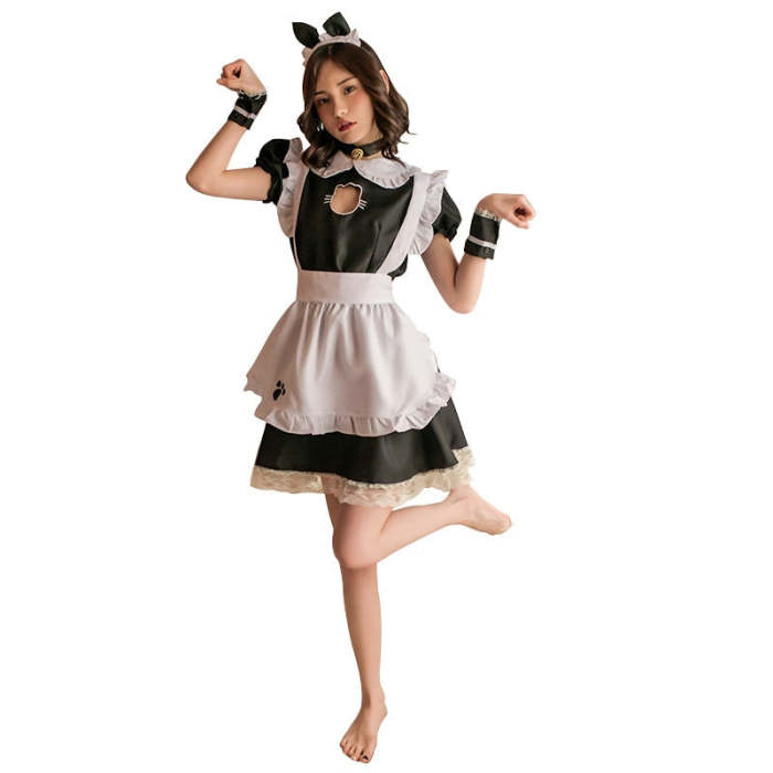 Classic Black Cafe Maid Cosplay Costume Lolita Cute Dress Restaurant Waiter Uniform For Women  Bow Headdress