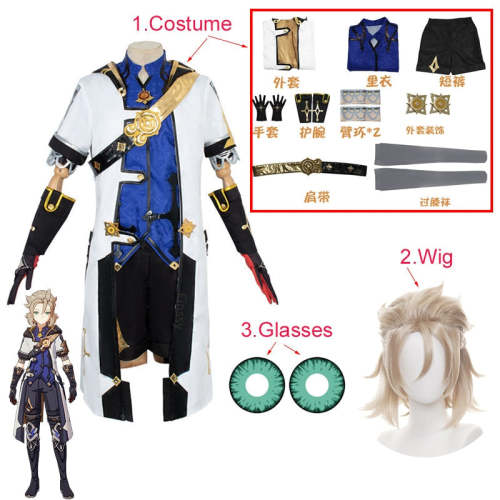 Game Genshin Impact Albedo Costume Halloween Anime Cosplay Wig Glove Jewelry Green Contact Lens