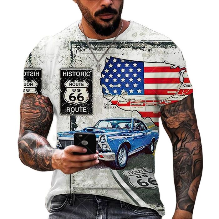 Summer New Mens T Shirts Oversized Loose Clothes Vintage Short Sleeve Fashion America Route 66 Letters Printed O Collared Tshirt