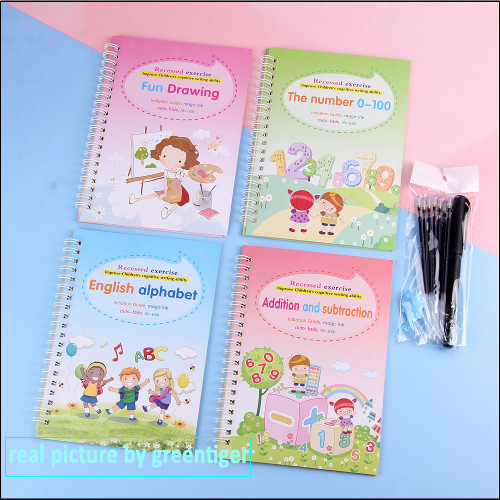 4 Magic Copybooks Children's Toy Writing Reusable Free Wiping English Maths Drawing Children's Toy Writing Practice Copy Book