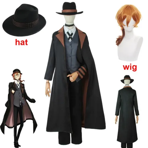 Bungou Stray Dogs Men Women Nakahara Chuuya Cosplay Costume Wig Hat Glove Jacket Pants Female Chuya Nakahara Cosplay Suit
