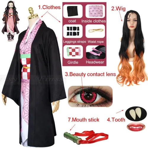 Anime Demon Slayer Kimetsu No Yaiba Kamado Nezuko Cosplay Shoes Wig Tooth Mouth Stick Woman Costume