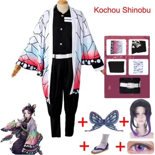 Anime Demon Slayer Kimetsu No Yaiba Kochou Shinobu Cosplay Shoes Wig Butterfly Headdress Cosmetic Contact Lenses