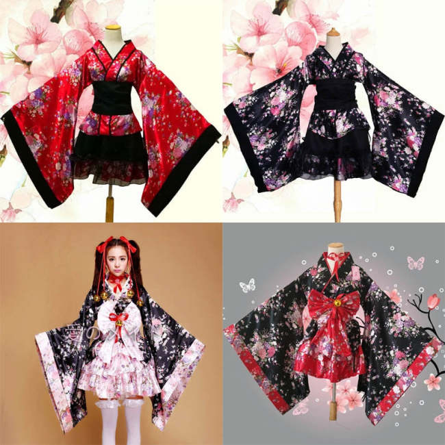 Japanese Kimono Cherry Blossom Traditional National Service Women Cosplay Costume